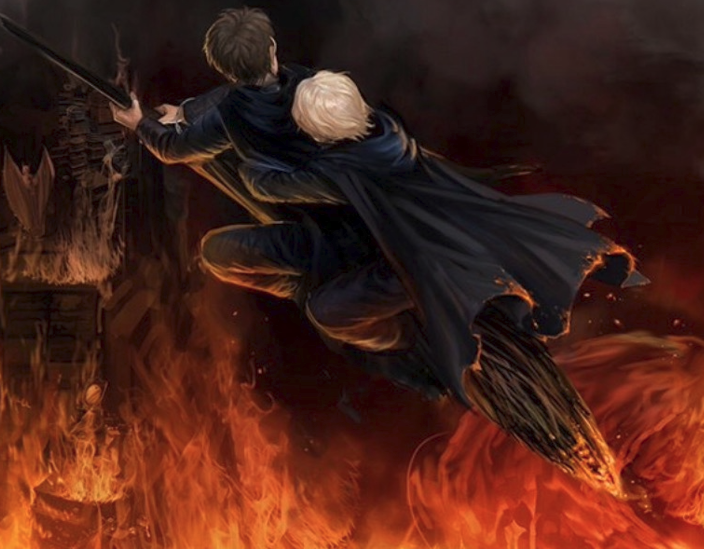 a30986469's tweet photo. im crying...the fiendfyre ptrmr illust.....dracos beautiful hair finally not combed back...his hold on harrys waist..this is the most beautiful picture ive ever seen in my lif https://t.co/9uTCmMmehp