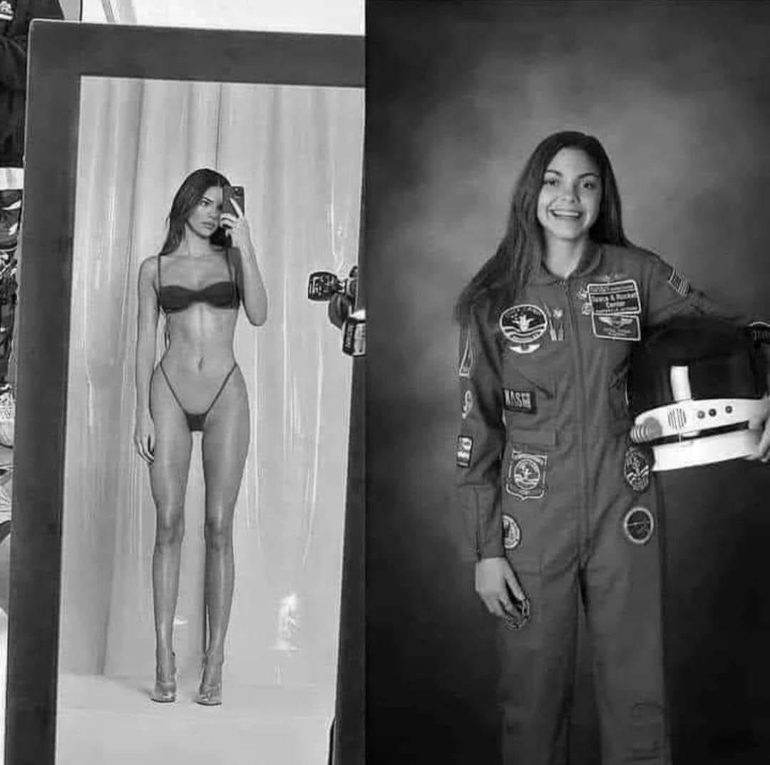 #YoungWomenEmpowerment ~On the left: American model Kendall Jenner in a swimsuit showing what for many is a woman's ideal body. Some time ago this photo became a hit and inspiration for many young girls. ~On the right: Alyssa Carson, a 19-year-old astronaut who has become…