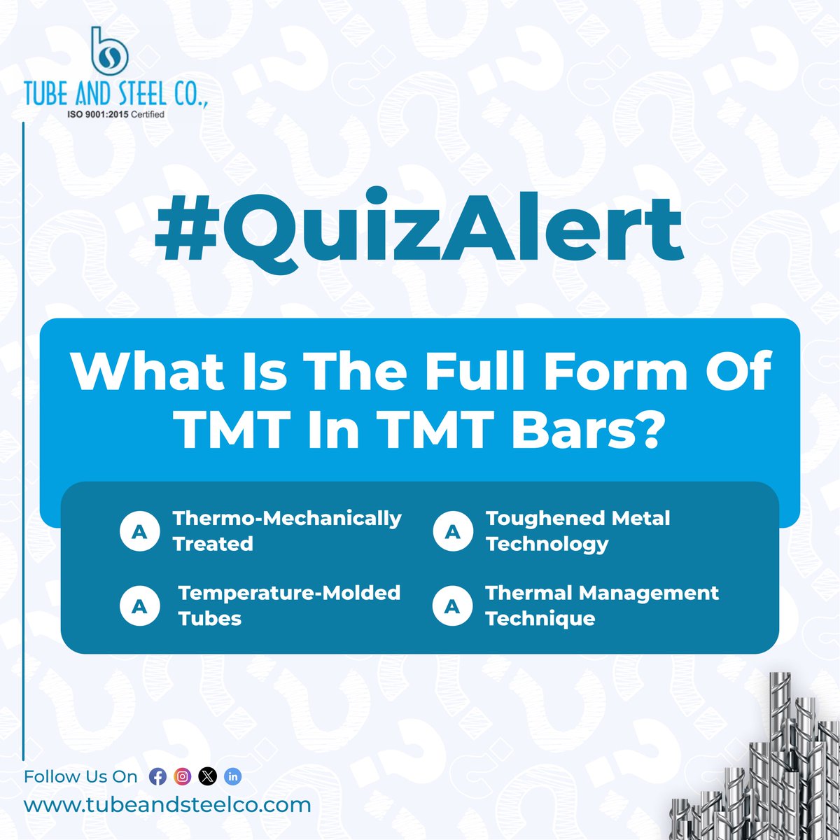 🌟 #QuizAlert 
🧠 Test your knowledge! 
Comment your answer below.👇

#tubeandsteel #steeldealers #irondealers #topquality #qualityiron #qualitysteel #tmt #tmtbars  #tmtbarsuppliers #tmtbardealers #besttmtbars