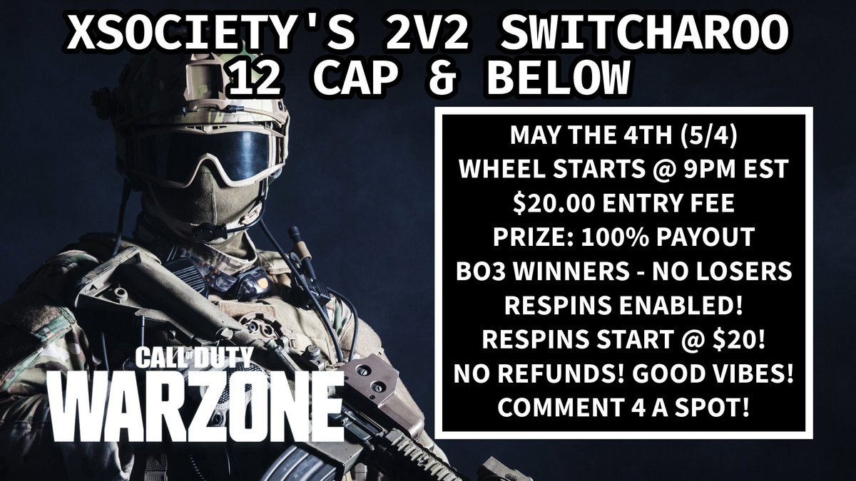 🚨 12 CAP &amp; BELOW 2v2 SWITCHAROO 🚨

May the 4th (5/4) | Wheel @ 9:00 PM EST
$20 | BO3 Winners | No Losers Unless Pot is Over $750
Wheel Spin @ twitch.tv/trippydrip_ 

RETWEET FOR CHANCE @ FREE ENTRY!  

COMMENT BELOW 4 FORM!  
RANKINGS: docs.google.com/spreadsheets/d…