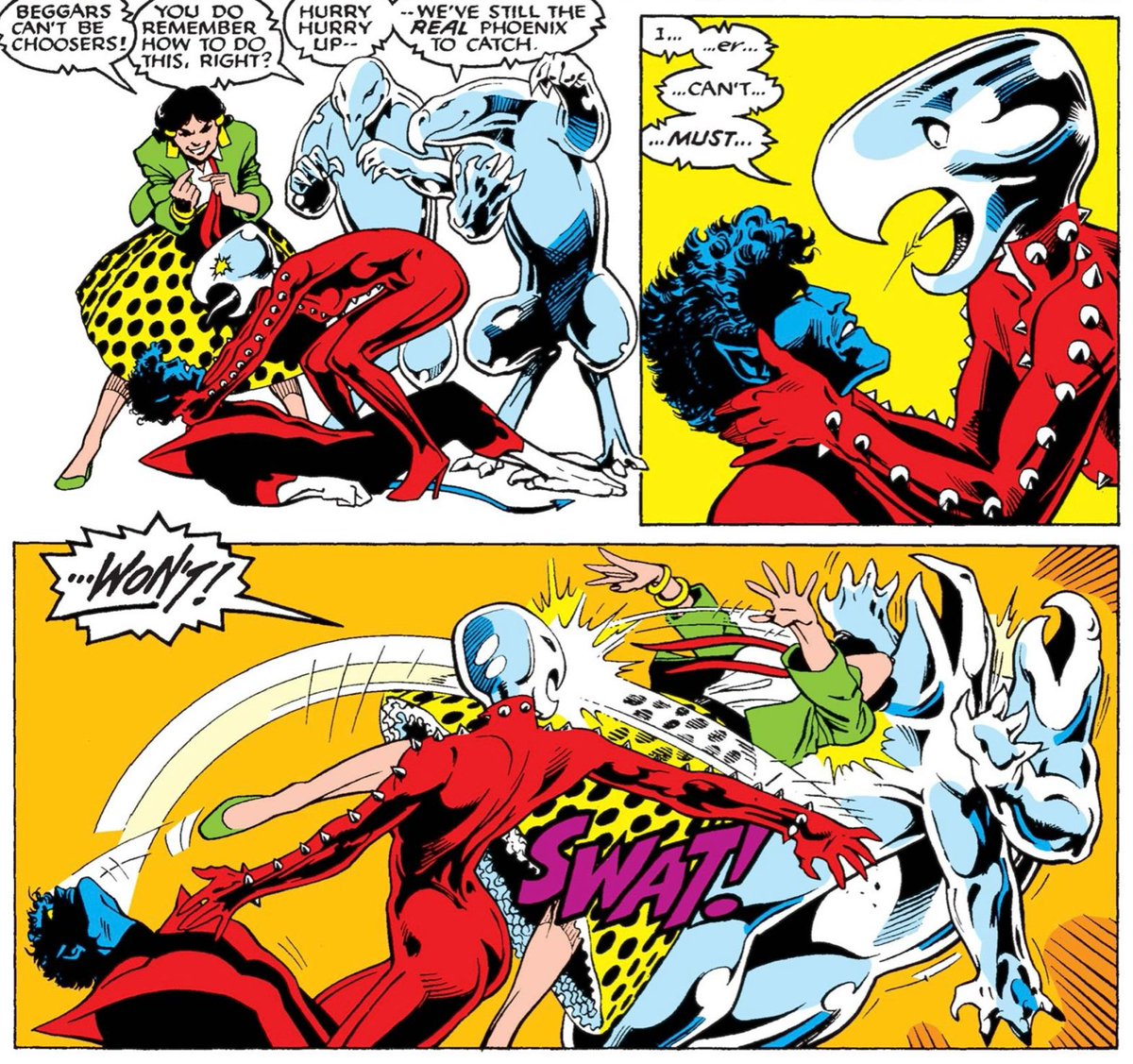 The Warwolf that tried (and failed?) to eat Kitty is changing shape, somehow becoming more…human?? Human-ish, at the very least. And when it has a chance to consume Nightcrawler, it refuses and attacks the other Warwolves instead! #marvel #excalibur