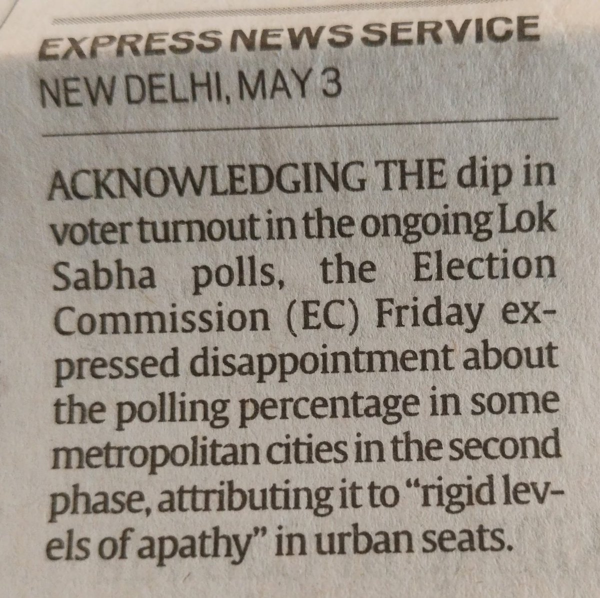 Attributing low turnout to voters' 'rigid levels of apathy' is to give political parties and #ElectionCommission a free pass. How much of it is apathy and how much is alienation is contestable , and each puts onus on separate actors