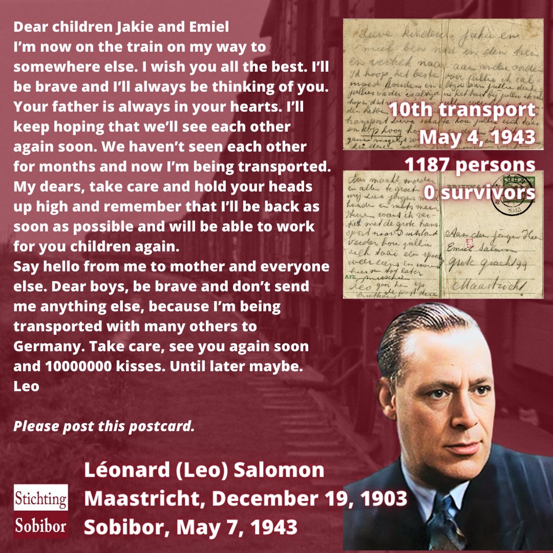 04.05.1943 | 10th transport from Westerbork to #Sobibor | Leo Salomon is 1 of 1187 deportees | 0 survivors Leo threw a card to his sons from the train: “I’ll always be thinking of you. Your father is always in your hearts. Take care, see you again soon and 10000000 kisses.”👇🏼1/6