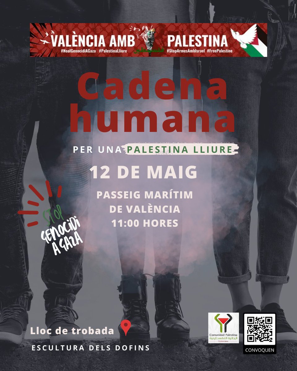 📆 12Maig 🕚 11h
📍Estàtues dels dofins (Passeig marítim València)
⛓️Cadena Humana per Palestina, manifestació de solidaritat i esperança, símbol de compromís indestructible contra el genocidi i la neteja ètnica

#AltoelfocJA i sempre #ValenciaAmbPalestina #PalestinaLliure