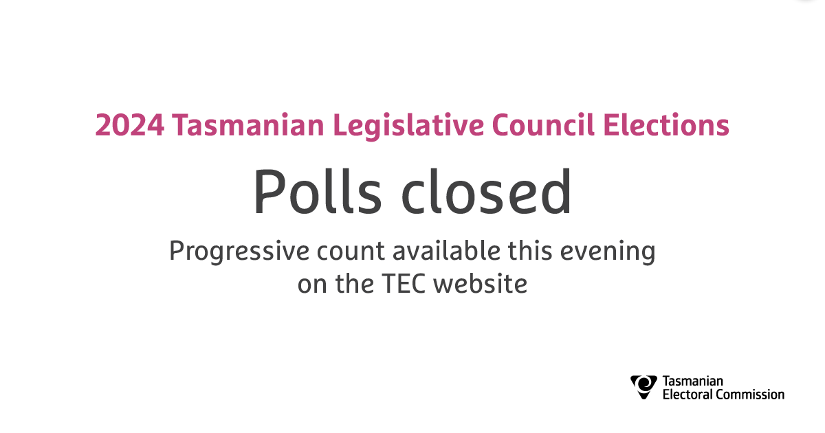 Polling is closed and counting will commence shortly in the 2024 Tasmanian Legislative Council Elections. Progressive results will be available this evening on the TEC website: tec.tas.gov.au/results #politas #taspol