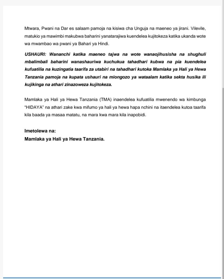 tma_services's tweet photo. Dar es Salaam, 04 Mei 2024 saa 12:00 Asubuhi: 
Mamlaka ya Hali ya Hewa Tanzania (TMA) inaendelea kutoa taarifa ya mwenendo wa kimbunga “HIDAYA” kilichopo karibu na maeneo ya pwani ya nchi yetu. https://t.co/UIiiZQdeQ0