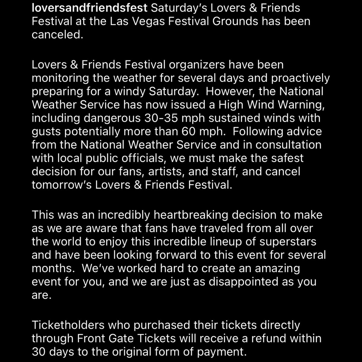 Lovers & Friends Festival cancelled due to dangerous weather prediction