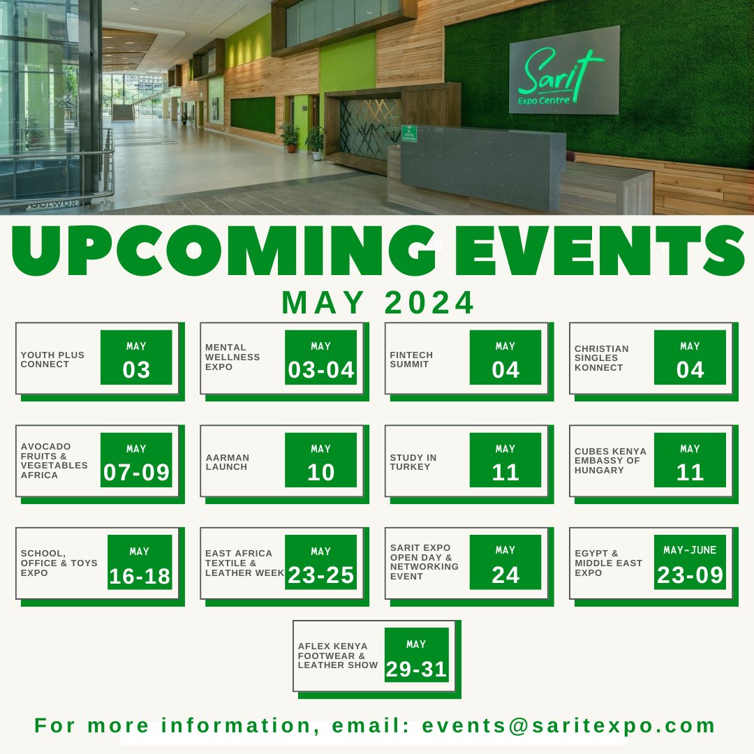 Looking for an event to attend this May? Check out our May Events Calendar and Visit @saritexpocentre_sec, 2nd floor @sarityourcity 

#Saritexpocentre #May #eventskenya #nairobikenya #eventsnairobi #meetingrooms #venue #eventsvenue