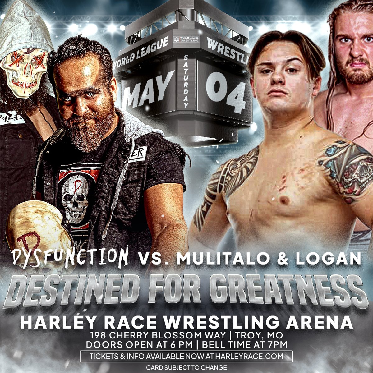 🚨 TONIGHT: Destined for Greatness - it's gonna be off the charts! 💥🤼‍♂️ Don't miss the action-packed event at the Harley Race Wrestling Arena in Troy! Limited tickets available - grab yours now at harleyrace.com 🎟️ #WLW #Wrestling #LiveEvent