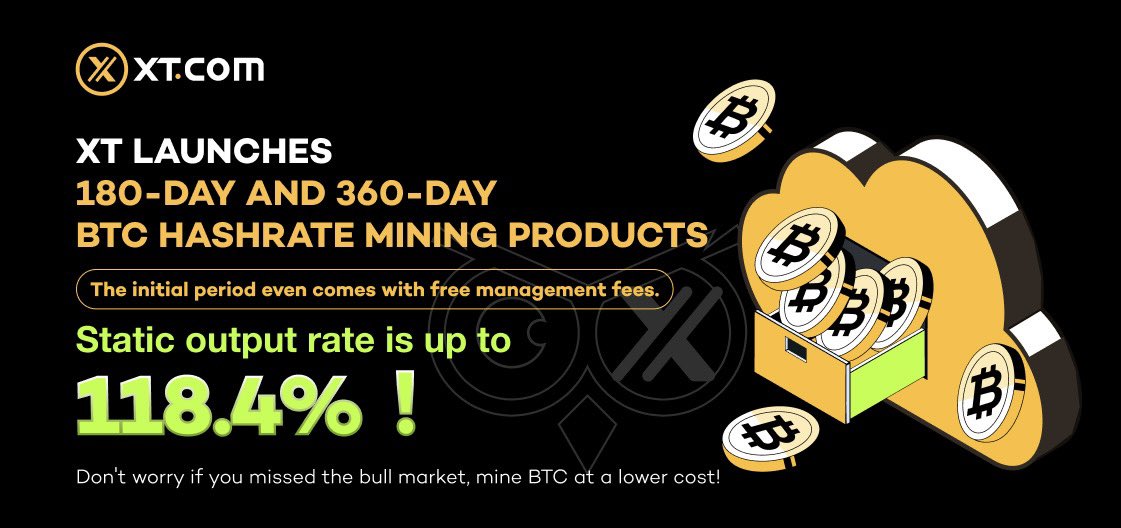 🔥 #XT hashrate mining offers 180-day and 360-day btc mining products with a static yield of up to 💰118.4%! Don't worry about missing the bull market, mine #BTC at a lower cost! #XTEarn #Bitcoin ⏰ Launch time: 10:00 on May 4, 2024 (UTC) 👉 Subscription link:…