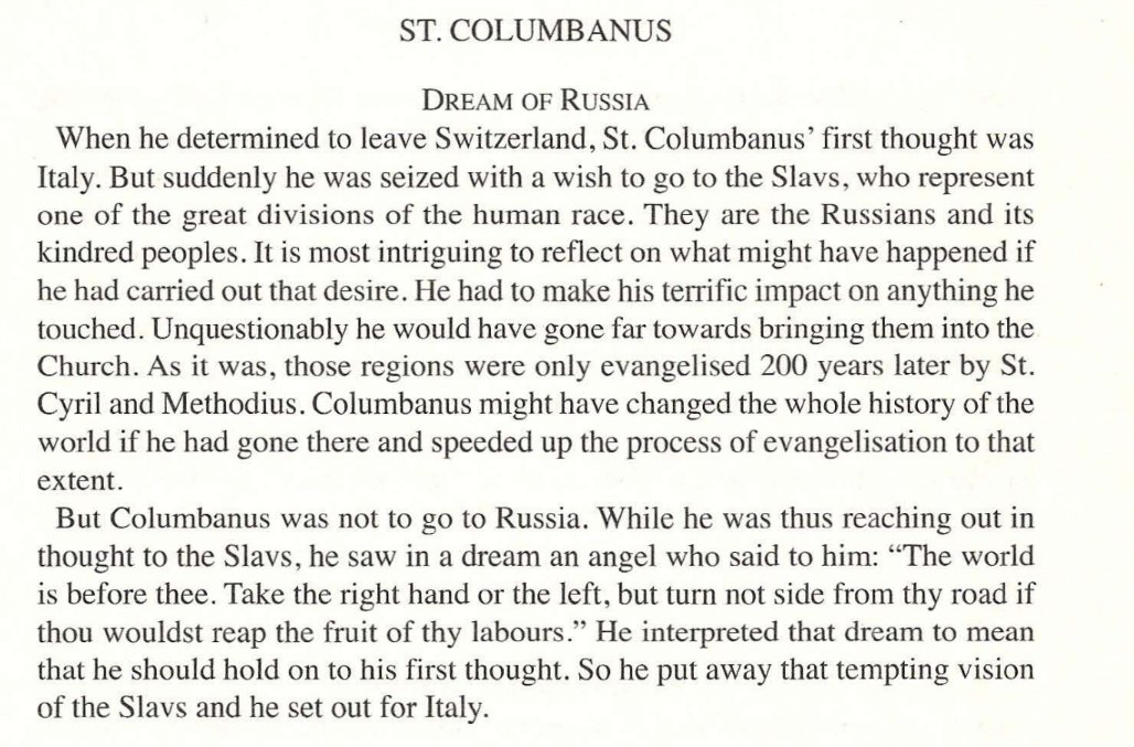 The Dream of Russia, Frank Duff on St Columbanus' decision to evangelise Italy and not the Slavic lands in the 7th century on the basis of a visit by an angel and the alternative history it would have presented.

frank-duff-essays.com