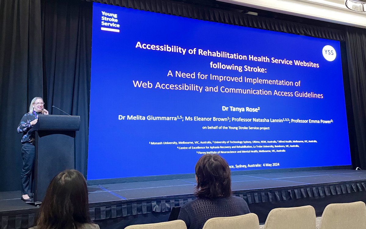 The brilliant Dr Tanya Rose talking about the need for increase for web and communication accessibility on behalf of our young stroke team. @MelitaGiummarra @NatashaLannin @neurodana @KarenBorschmann #accessibility @ASSBI1