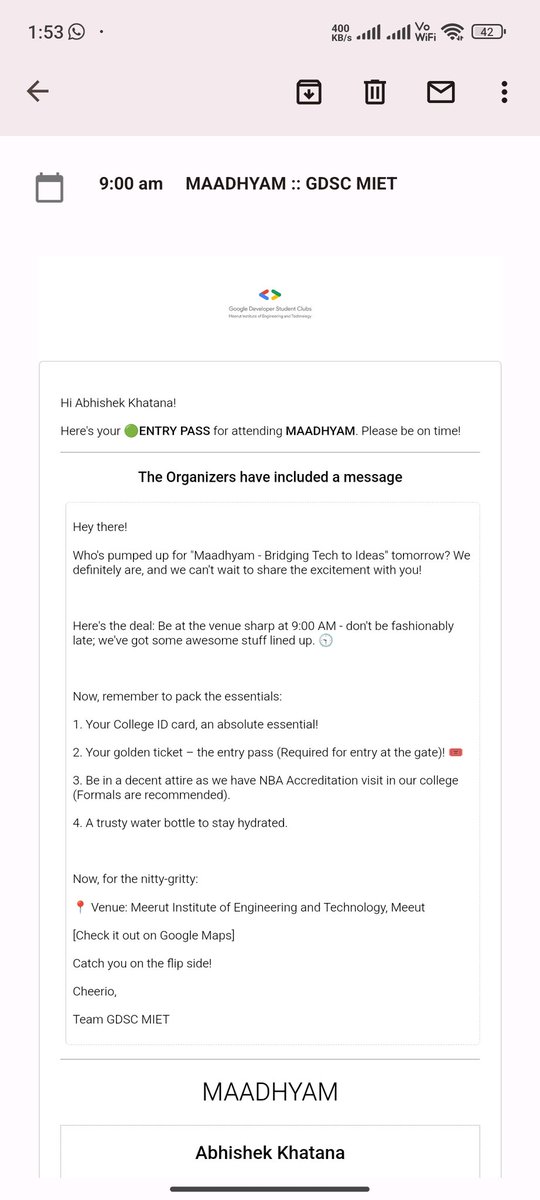 Thank you so much for the 'MAADHYAM' GDSC MIET Community entry pass!!

I'm thrilled to participate and look forward to learning and connecting with fellow enthusiastis.

#techevents GDSC #gdscmiet Meerut Institute of Engineering and Technology(MIET)