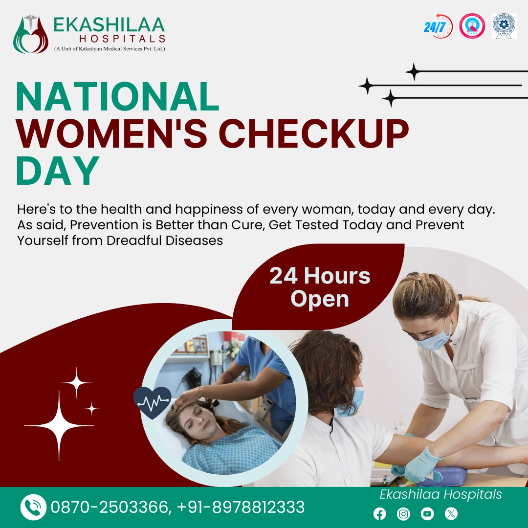 On National Women's Checkup Day, prioritize self-care and well-being because every checkup is a step towards strength and resilience. #ekashilaahopital #warangal #womenshealthcare #CheckupDay #HealthIsWealth #PreventiveCare #WomensWellness #HealthyWomen #AnnualCheckup