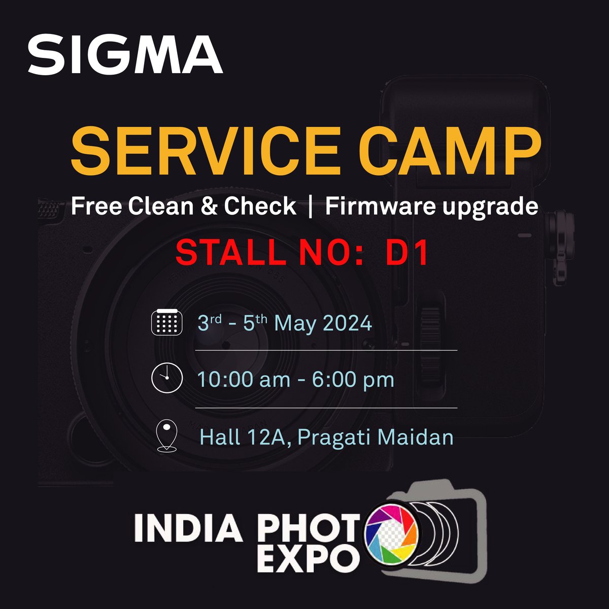 SIGMA invites you to our free clean, check, and firmware updates Service Camp at India Photo Expo. Stop by Hall 12A, Pragati Maidan, New Delhi from 3rd - 5th May 2024 don't miss out! #SIGMA #SIGMAlenses #SIGMAPhotoIndia #ServiceCamp