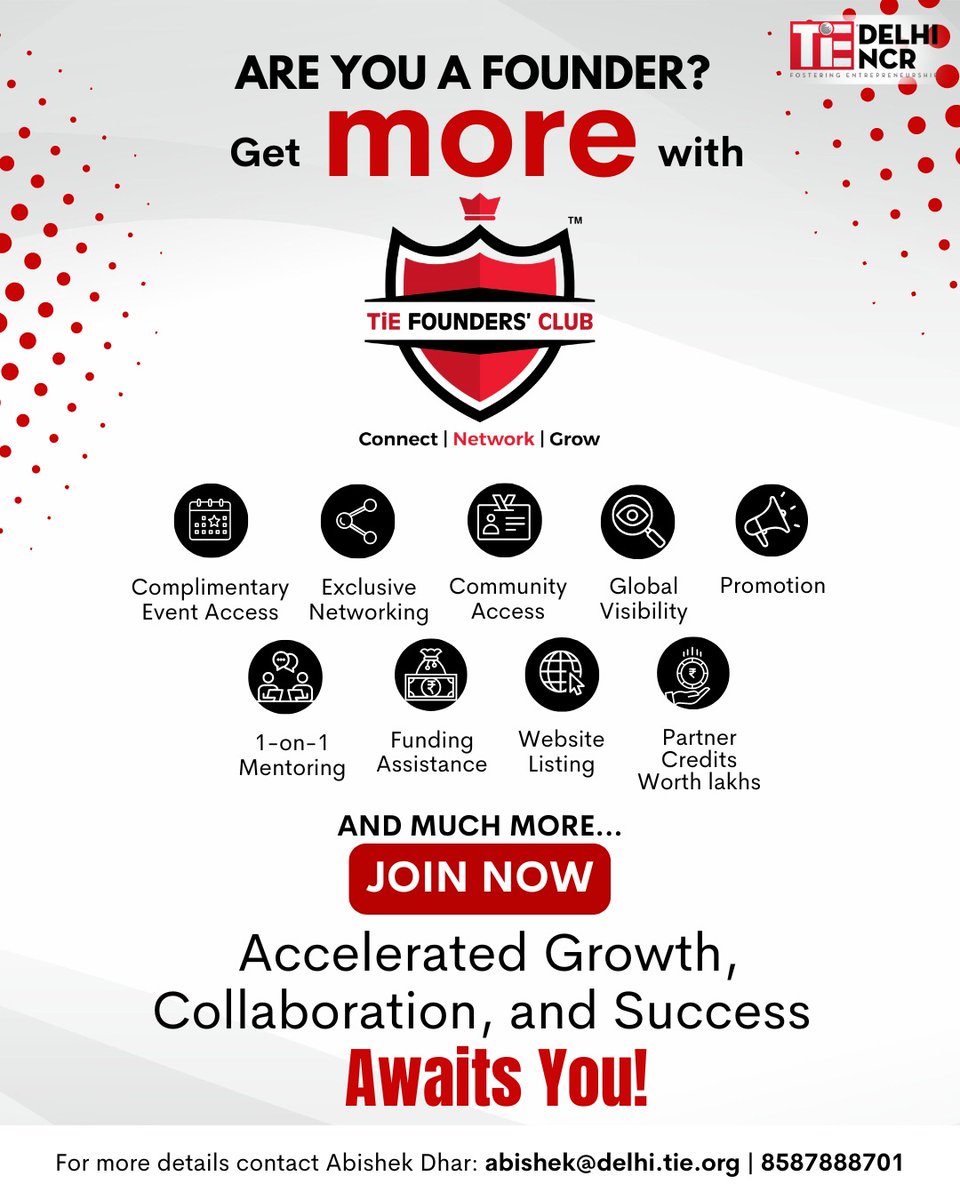 Elevate your startup's growth with TiE Delhi-NCR's Founders' Club Membership! Gain exclusive access to tailored benefits, events, mentorship, and funding opportunities. Join now: bit.ly/TiE_Delhi-NCR_…