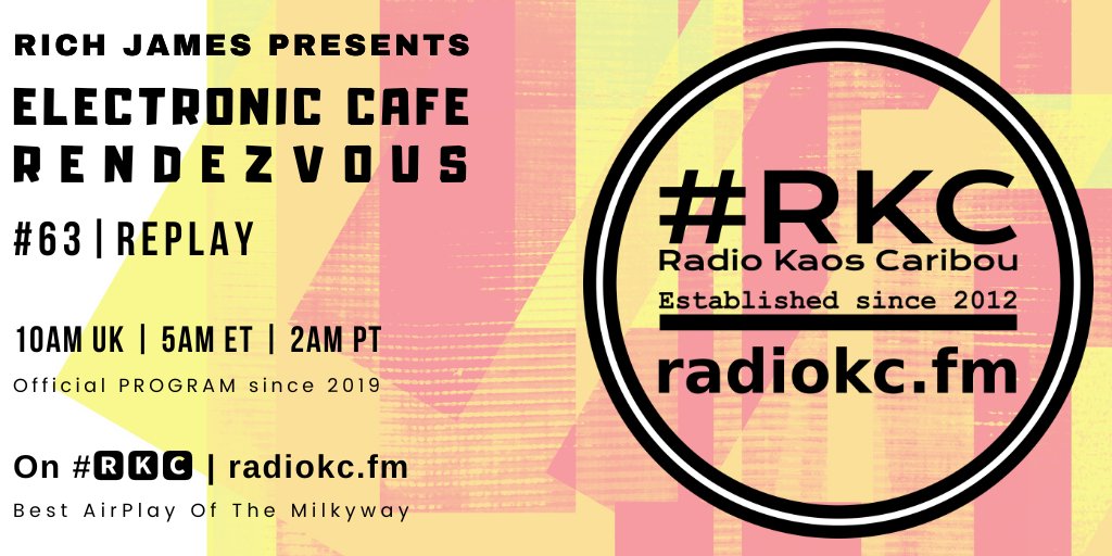 #𝗥𝗞𝗖 (@radiokc) on Twitter photo TODAY
🕙10AM UK⚪5AM ET⚪2AM PT
<a href="/ElecCafe/">Electronic Cafe Rendezvous & Pink Dolphin Music</a> #Rendezvous
EPISODE #63 │ #REPLAY
⬇️Details⬇️
🌐 fb.com/RadioKC/posts/…
📻 #🆁🅺🅲 featuring
<a href="/caboan_music/">Caboan / single SPEED OF LIFE out now!</a> │ <a href="/Sonar4Music/">SONAR 4</a> x <a href="/BlakLightband/">BlakLight</a> │ LorD and Master │ <a href="/RikiAbi34/">Frankie&RikiAbi</a> x @DSkyjump │ <a href="/neonradiation/">neon radiation</a>
.../... TODAY
🕙10AM UK⚪5AM ET⚪2AM PT
<a href="/ElecCafe/">Electronic Cafe Rendezvous & Pink Dolphin Music</a> #Rendezvous
EPISODE #63 │ #REPLAY
⬇️Details⬇️
🌐 fb.com/RadioKC/posts/…
📻 #🆁🅺🅲 featuring
<a href="/caboan_music/">Caboan / single SPEED OF LIFE out now!</a> │ <a href="/Sonar4Music/">SONAR 4</a> x <a href="/BlakLightband/">BlakLight</a> │ LorD and Master │ <a href="/RikiAbi34/">Frankie&RikiAbi</a> x @DSkyjump │ <a href="/neonradiation/">neon radiation</a>
.../...