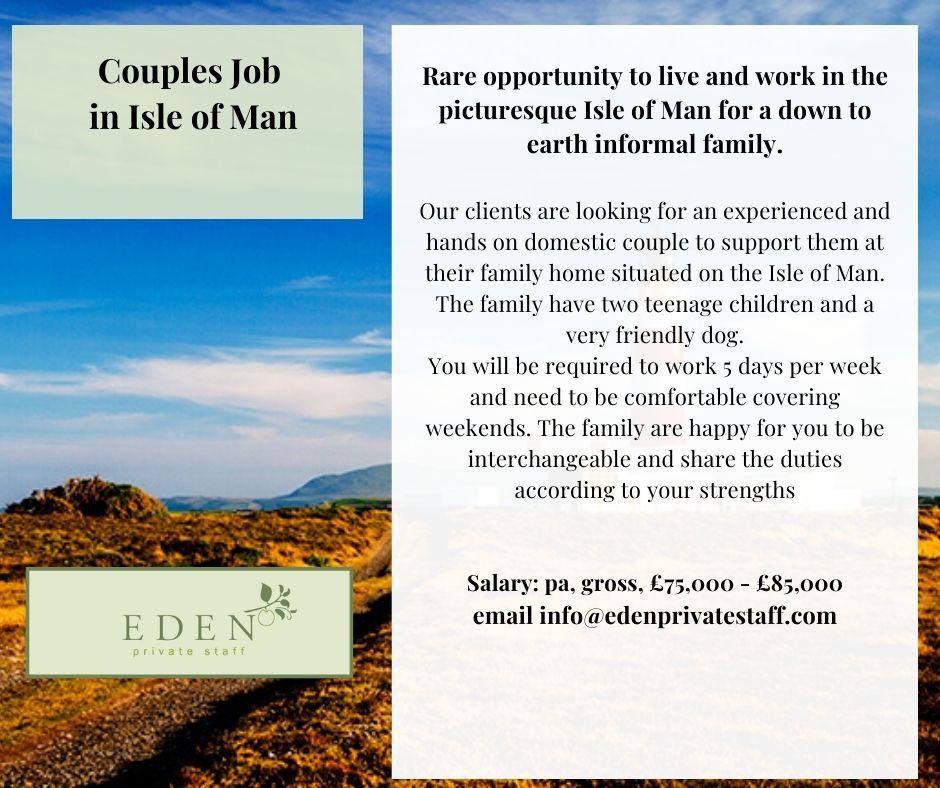 Rare opportunity to live and work in the picturesque Isle of Man for a down to earth informal family.

edenprivatestaff.com/job/domestic-c…
#domesticstaff #domesticcouples #householdcouples #privatestaff #familyoffices #caretakercouple #guardiancouple