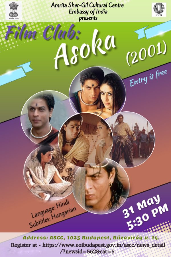 #FridayFilmClub

Join us at Amrita Sher-Gil Cultural Centre, Budapest, to watch Popular Hindi Movie #Asoka with Hungarian subtitles on 31 May

#ConnectingHungaryThroughCulture

@iccr_hq @iamsrk @iam_juhi @gaurikhan @KareenaK_FC @IndiaInHungary @ktuhinv @IamHrishitaBhat @PIB_India