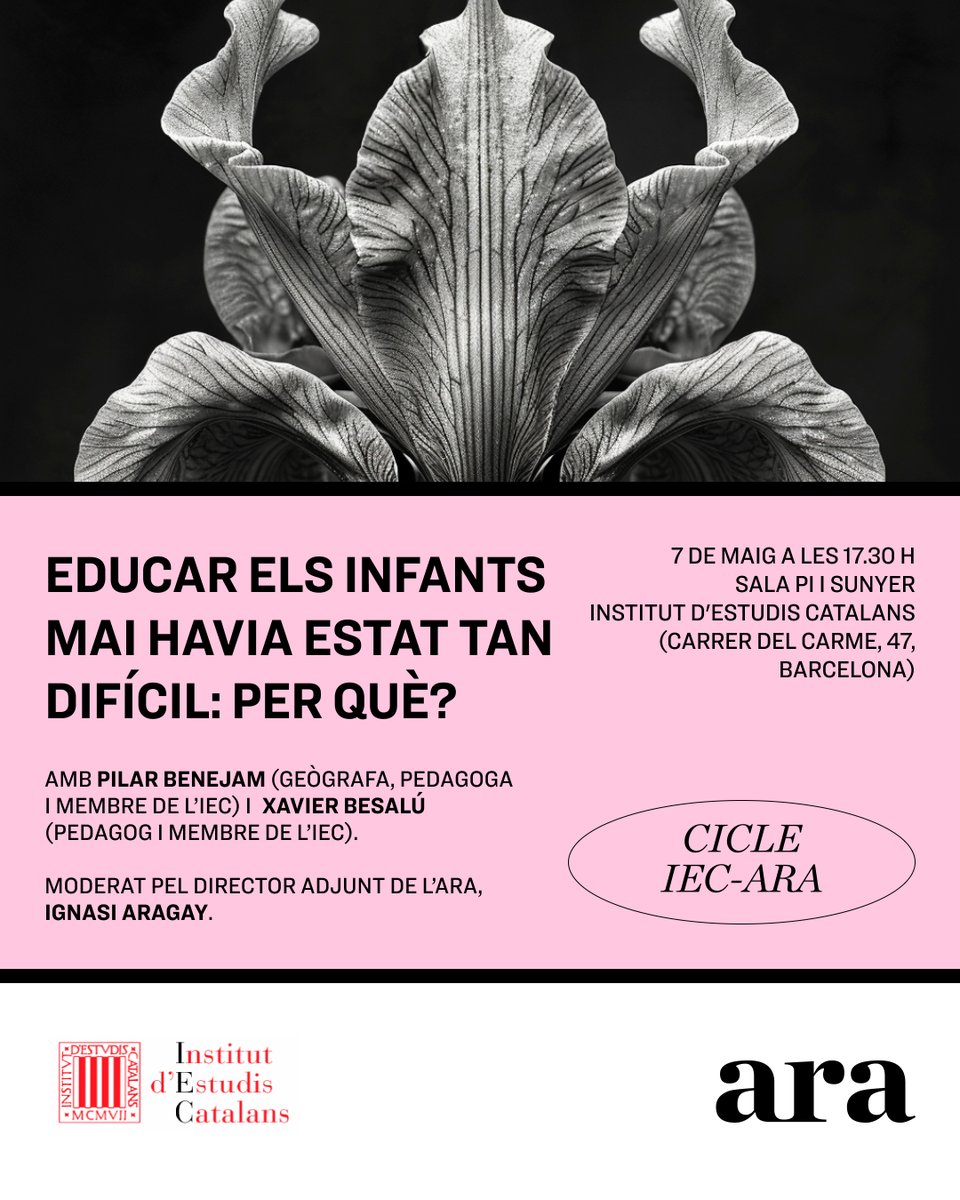 💬 Vine al segon debat de l'@iec sobre la dificultat d’educar els infants. Amb els experts Pilar Benejam i @xbesalu i el director adjunt de l’ARA, @aragayi 📆 7/05 a les 17.30 h 📍 Sala Pi i Sunyer Inscriu-t’hi a 👉 d.ara.cat/educar1