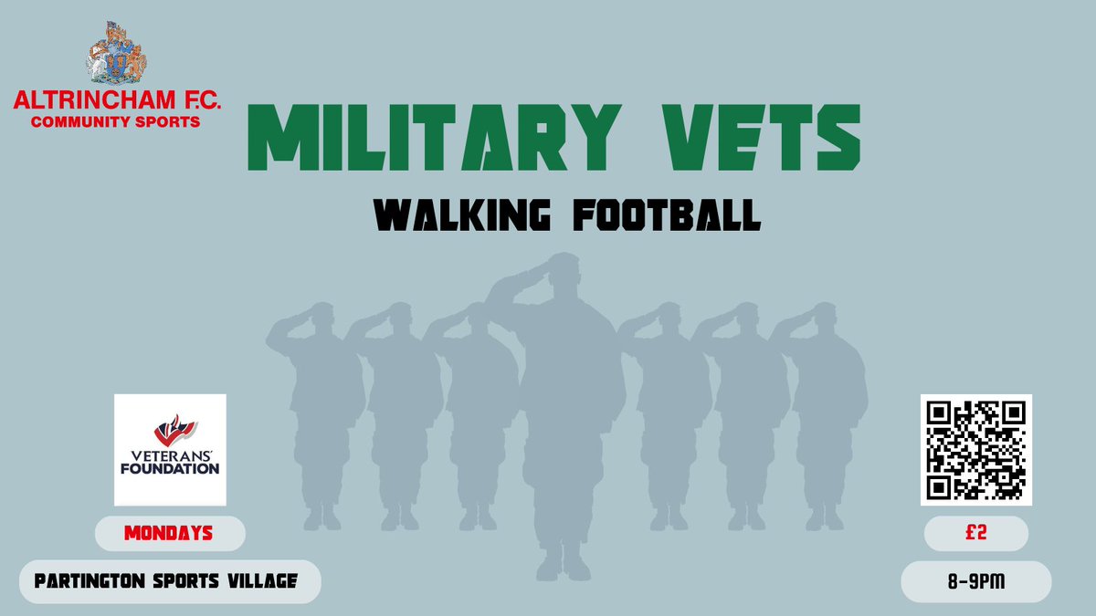 MILITARY VETS WALKING FOOTBALL We are delighted to offer military vets walking football at Partington Sports Village. 📆 Mondays 🕛 8-9pm 💰 £2 per session To book ➡️ ow.ly/rNq650QJX3y @TraffordVetsUK @VeteransFdn