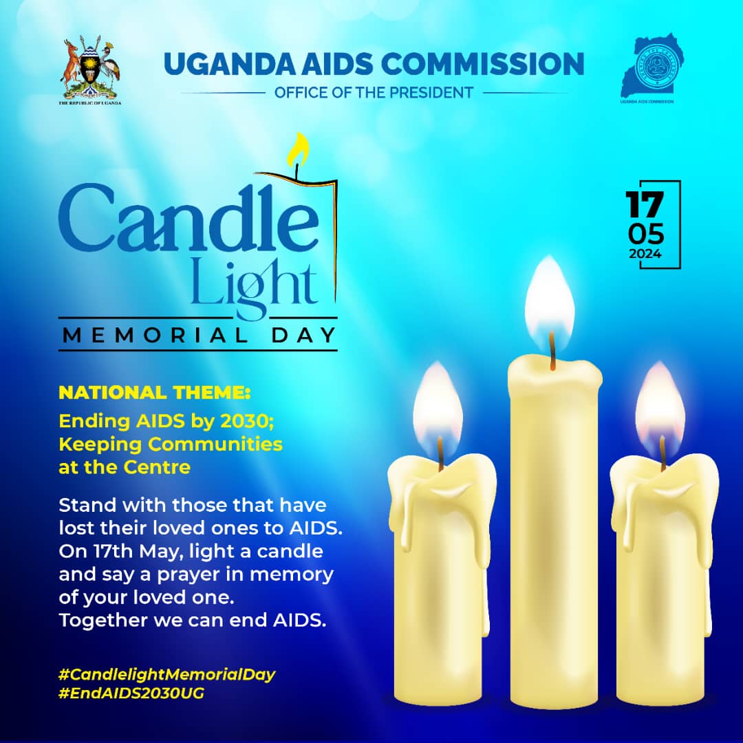 📌SAVE THE DATE: On 17-05-2024, Uganda will hold national commemorations of the #CandleLightMemorialDay under the theme: 'Ending AIDS by 2030; Keeping Communities at the Centre.' #EndAIDS2030UG @EnidWamani @danbyamud @raelwyne @PCAUganda @SRHRAllianceUg @MoICT_Ug @MosesWatasa