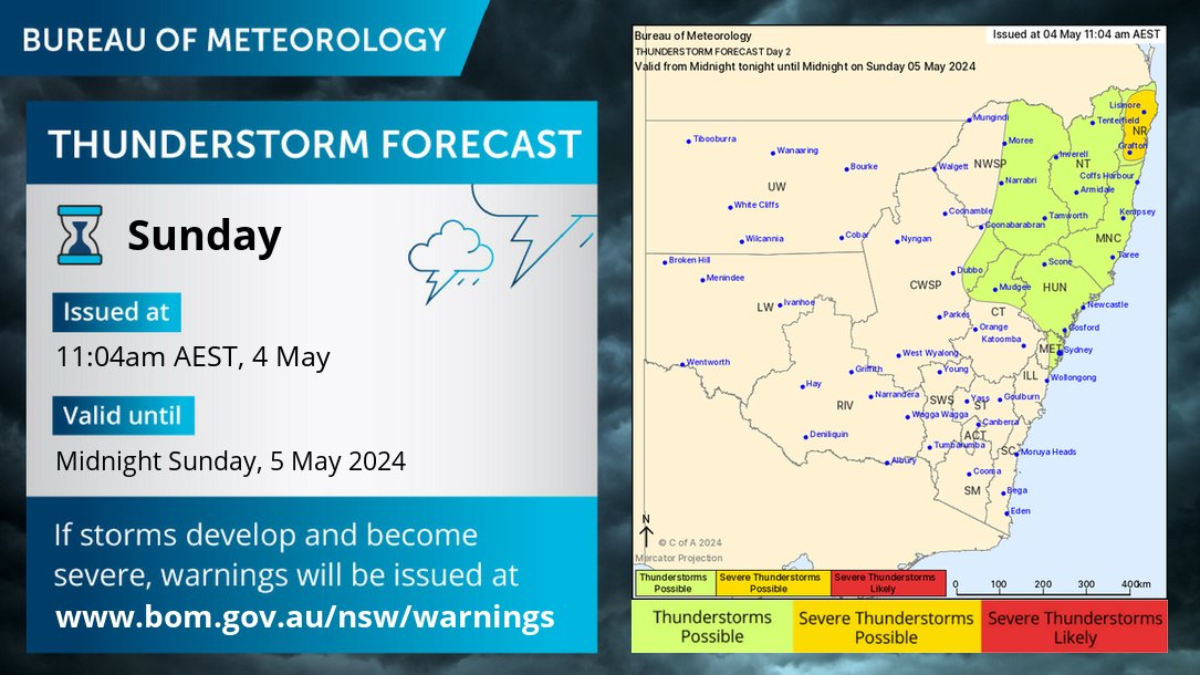 ⛈️Sunday forecast: possible thunderstorms north of Wollongong and east of Dubbo. Possible severe thunderstorms with heavy rainfall leading to flash flooding in the Northern Rivers District. Possible heavy rainfall in the Illawarra District. Warnings: bom.gov.au/nsw/warnings/