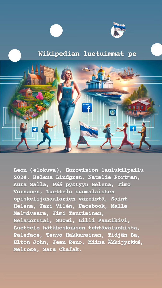 #Wikipediafi luetuimmat pe Leon (elokuva), Eurovision laulukilpailu 2024, Helena Lindgren, Natalie Portman, Aura Salla, Pää pystyyn Helena, Timo Vornanen, Luettelo suomalaisten opiskelijahaalarien väreistä, Saint Helena, Jari Vilén, Facebook, Malla Malmivaara, Jimi Tauriainen