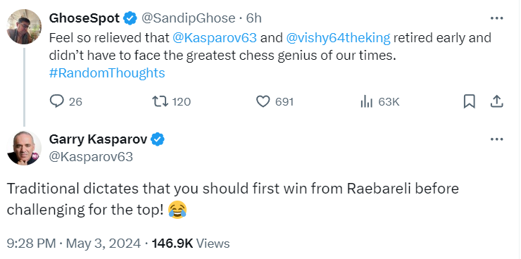 Russia grandmaster #GarryKasparov clarified after his 'win from #Raebareli first' remark asking it to be taken in light heart. 

In his response to a post on X by an Indian scribe, Kasparov had said, 'Traditional dictates that you should first win from Raebareli before