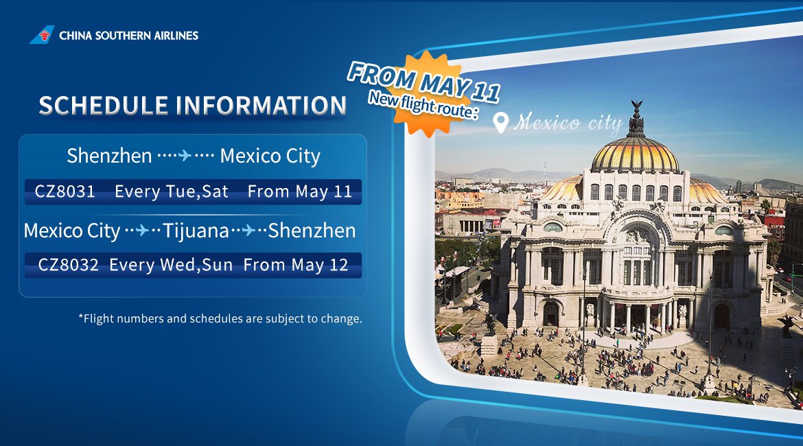 China Southern Airlines will launch a new flight route between #Shenzhen and #MexicoCity in May 2024. 🛫🌎 #newroute #FlyWithCSAir #CSAir #TravelWithCSAir