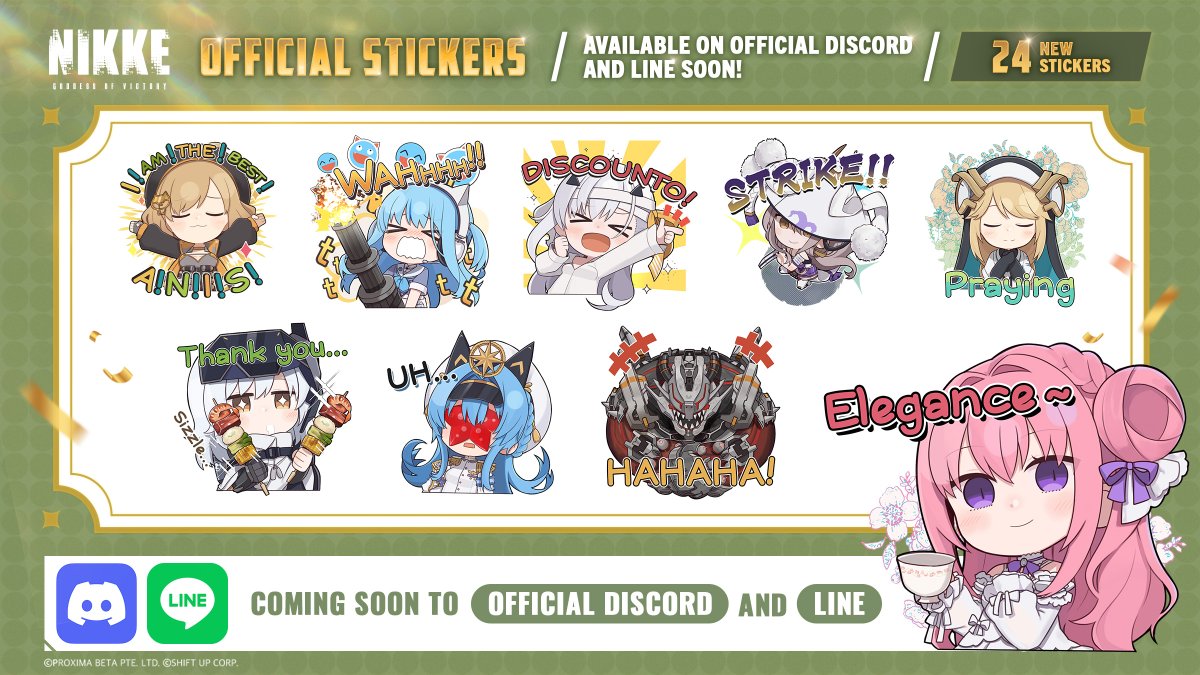 【Official NIKKE Stickers Released】 24 new stickers has been added to our official Discord and LINE app on 5/4 15:00 (UTC+9)! ✨ Discord 🔗: discord.gg/nikke-en LINE App 🔗: line.me/S/sticker/2649… Try these cute stickers now! #NIKKE #NIKKEAnniversary #NIKKEStickers