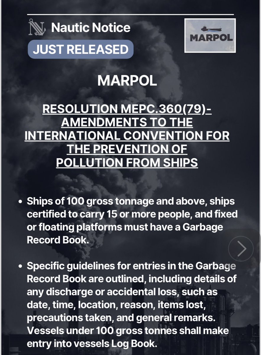 NAUTIC NOTICE

♻️ MARPOL - Chapter V Amendment -  Yachts  < 400GT - Garbage Record Keeping

wwwcdn.imo.org/localresources…

#Nauticnotice #yachtcaptain #marinenotice #MCA #MarshallIslandsregistry #marpol #IMO #Seafarer #crewlife #yachtcrew #Maritime #Marine #maritimenews