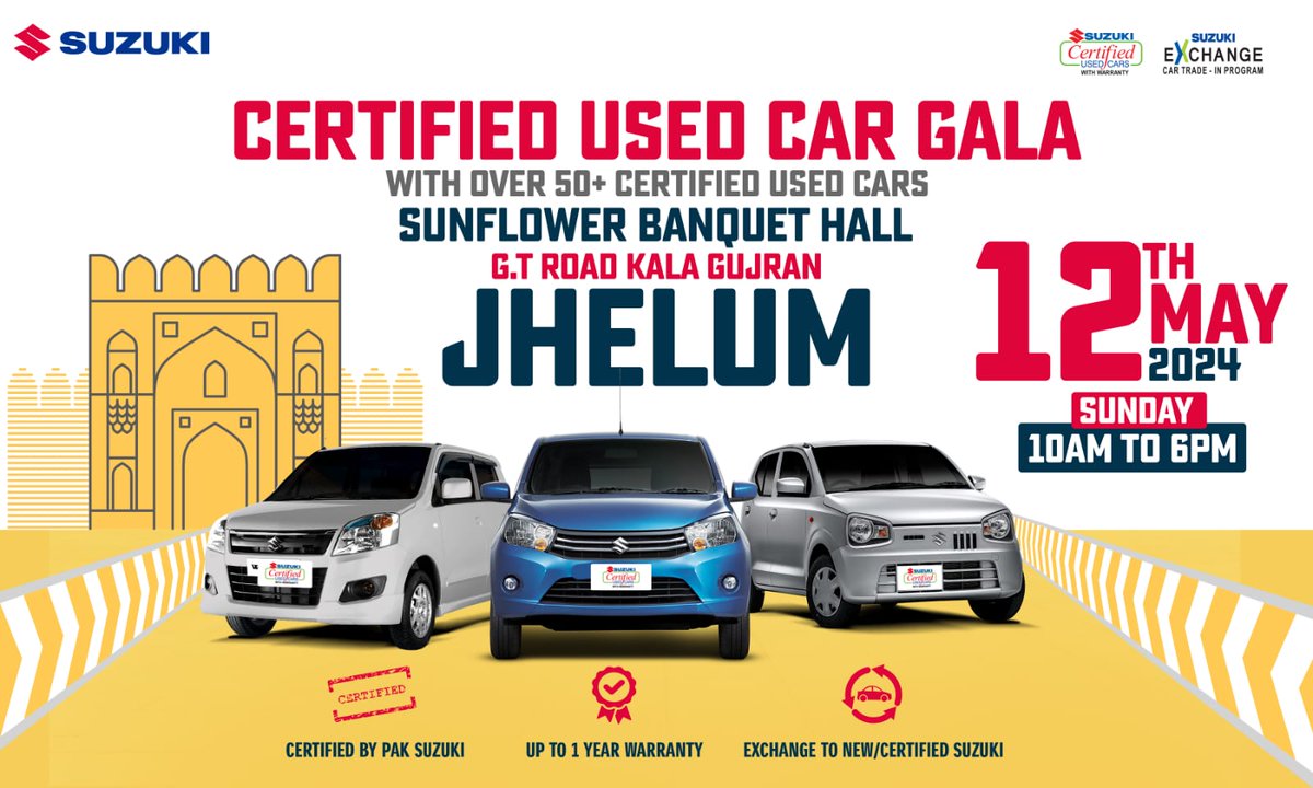 @SuzukiPakistan offering free evaluations on every Suzuki vehicle at the Suzuki Used Car Gala #Jhelum at Sunflower Banquet Hall, G.T Road Kala Gujran, Jhelum on 12th May, from 10AM to 6PM.
Location: bit.ly/3SElvbv

#Suzuki #UsedCarGala2024 #SuzukiPakistan