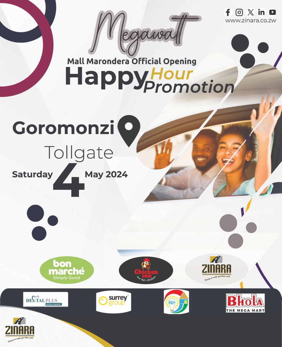 MEGAWATT Marondera Mall officially opens TODAY! Meet the 7 corporates at Goromonzi Tollgate & get a free pass plus gifts! Head to the Mall for incredible opening day promotions & discounts at Dental plus, Surrey, @bonmarchezw ,@BholaHardware ,@zinaraZW, @SimbisaBrands & REA.