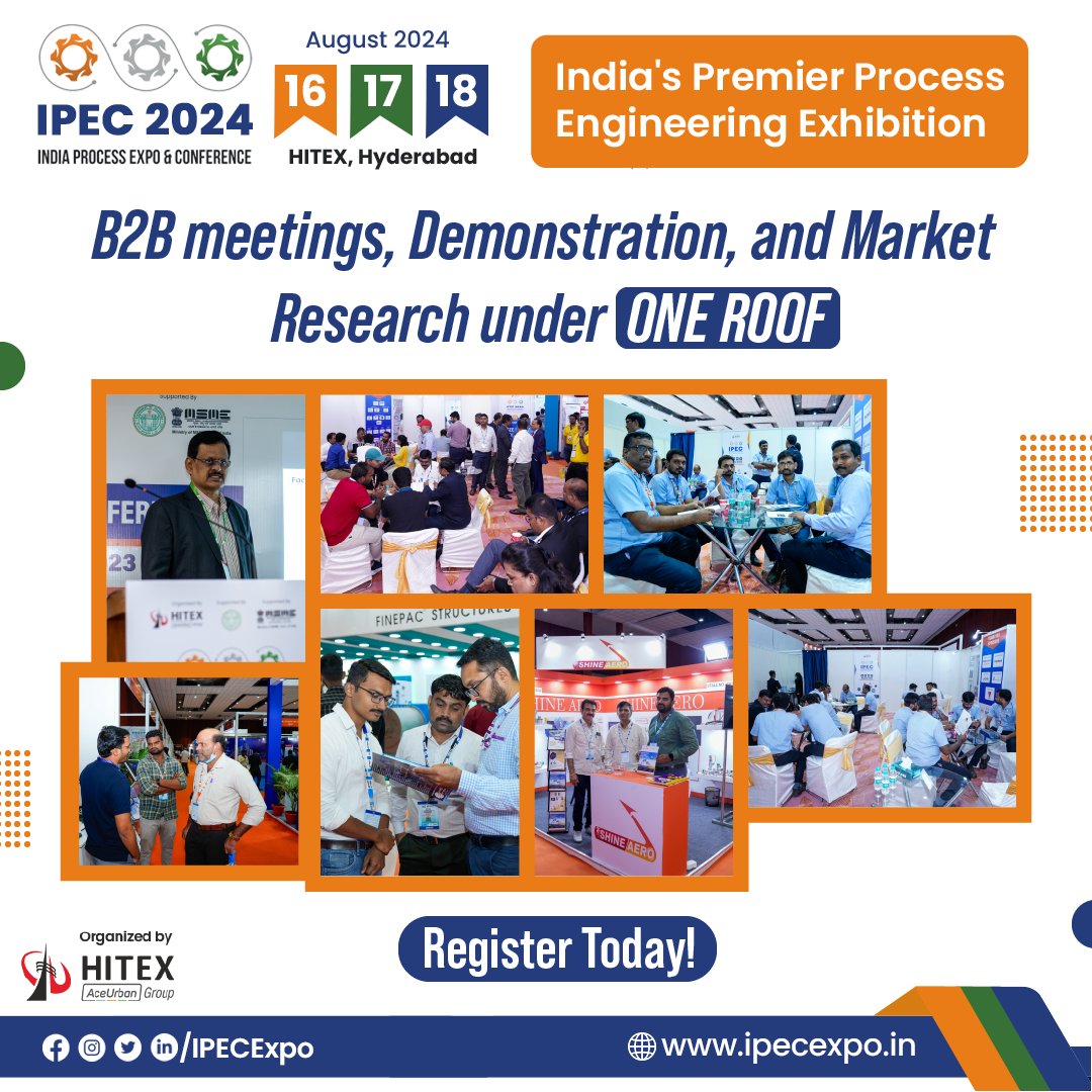 Get ready for the 3rd edition of IPEC which is scheduled to be held from 16th - 18th August 2024 at HITEX, Hyderabad.

#processengineering #innovation #industryexperts #telangana #B2B  #IPEC2024 #businessexpo #innovationexhibition #hyderabad #expo #hitex