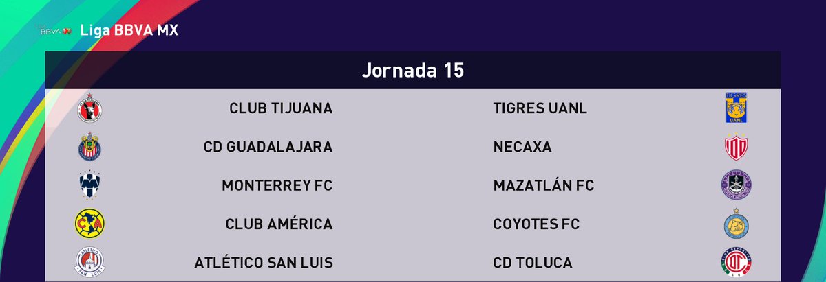 #Jornada15 #LigaMX #PES2021 #futbol 

@clubleonfc recibe a @KututuniaCF 

@CruzAzul hará honores a @ligaiatrogenica 

@ClubAmerica ahora va por los @CoyotesFootbal 

Los esperamos el Miércoles!!!