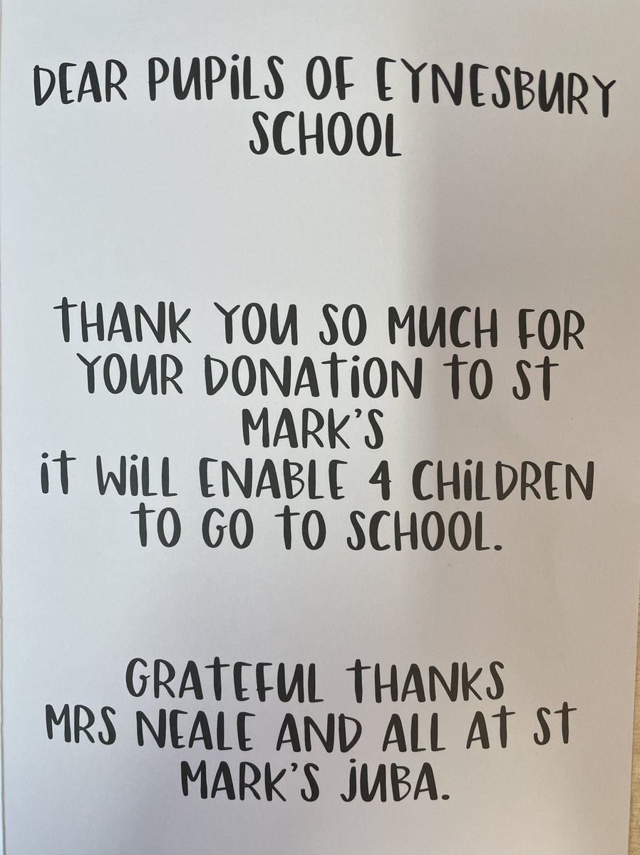 EynesburyCofE1's tweet image. We received wonderful news from St Mark’s School in Juba! Our £250 donation from carol singing at Christmas will support 4 children through school! Just wonderful! #LovetoLearn #LearntoLove