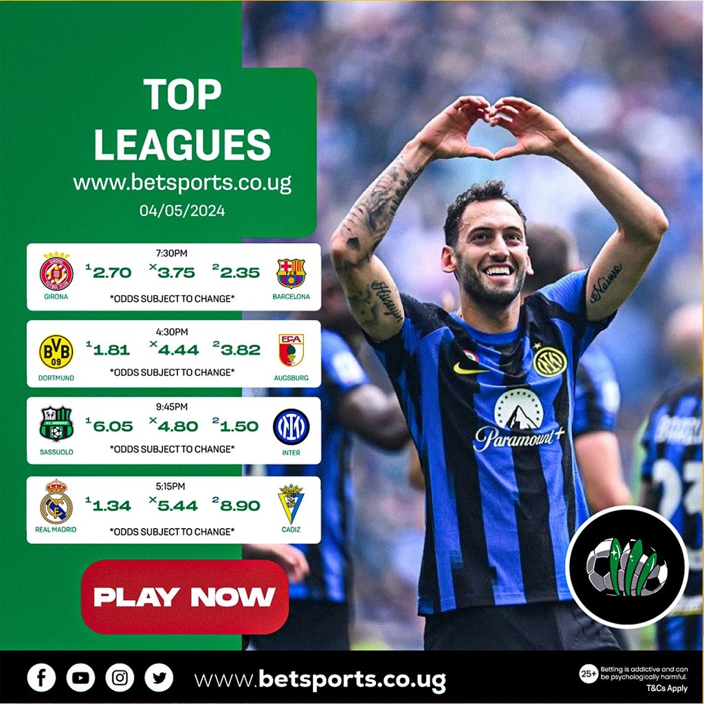 ⚽ Enjoy the #TopLeagues thrill at betsports.ug 🎉 Join now for a 100% first deposit bonus, up to UGX 150k for new members 💸 Get a stake-back bonus if your 7-fold ACCA misses by just 1 game! 🚀 Plus, enjoy a 50% Winning Boost. #GIRBAR #RealMadrid #Inter