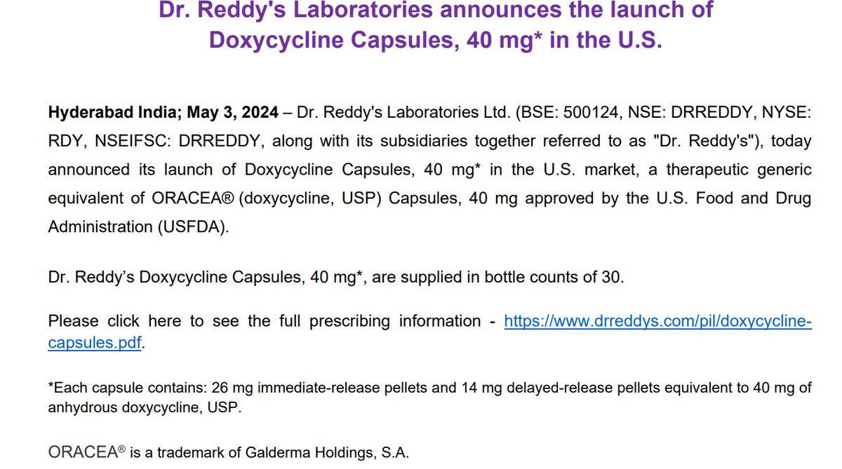 Dr. Reddy's Laboratories announces the launch of Doxycycline Capsules, 40 mg in the US