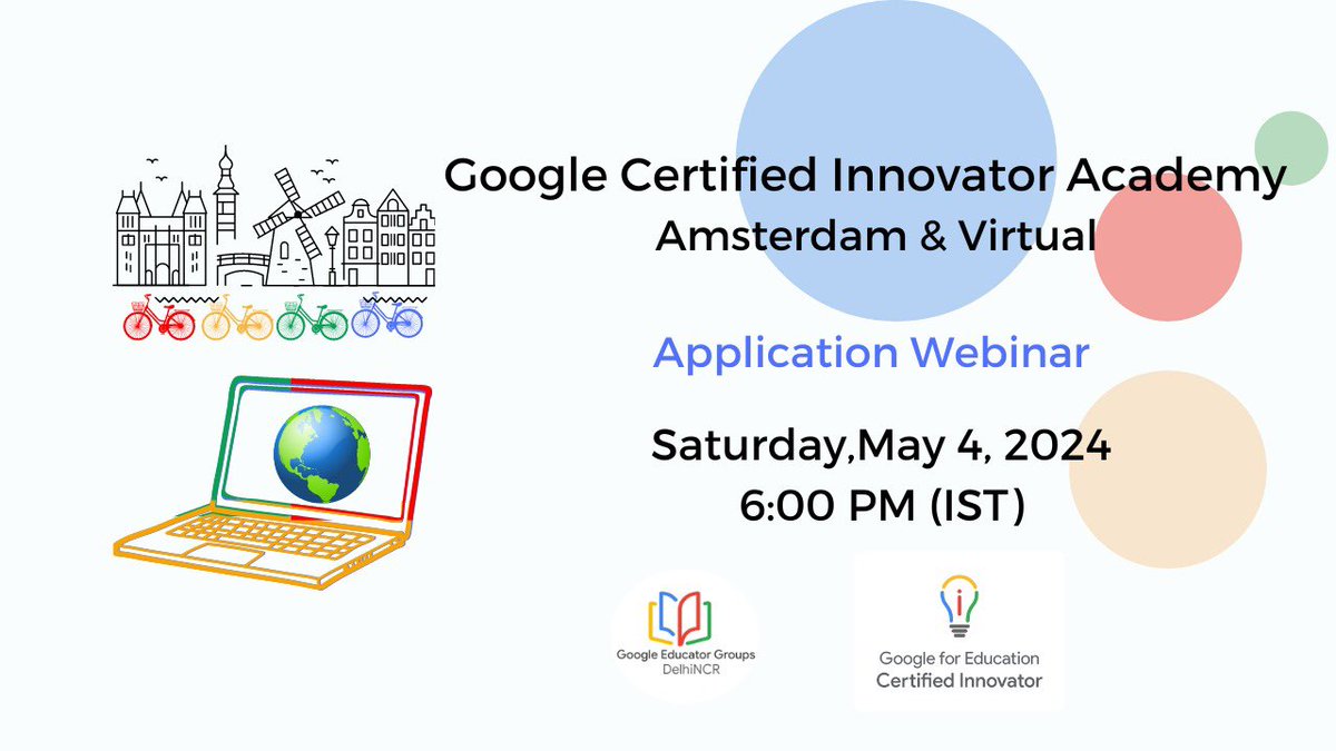 Google Certified Innovator Academies Amsterdam #AMS24 and Virtual #VIA24 applications are open.
📣📣Join us today at 6:00 pm IST 
🎥YT  youtube.com/live/GwzhxFd-0…

@GegProgram @jgarygarcia @SanchitaGhosh17 @sangeetagulati9 @roopali_arora @vibhapuri 
#GoogleET #GoogleCT #GoogleEI