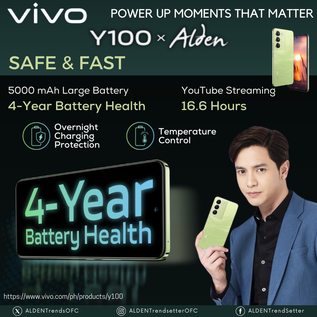 SAFE & FAST 4-Year Battery Health Overnight Charging Protection 16.6 Hours Temperature Control @aldenrichards02 @Vivo_Phil #vivoY100xALDEN #ALDENRichards ALDENxY100 vivoMeet