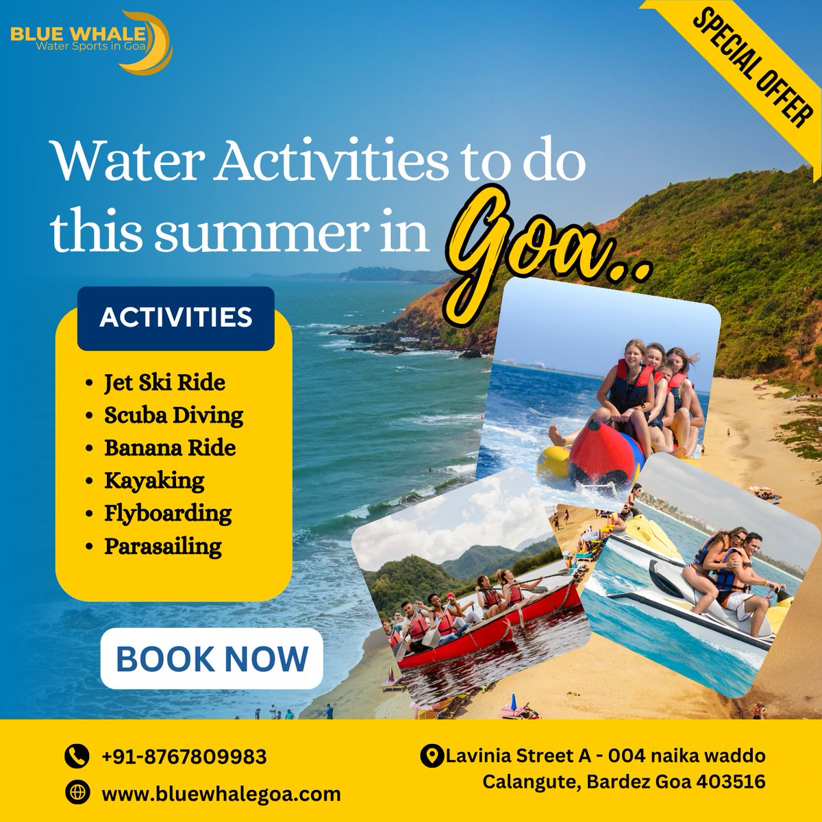 Dive into adventure with Blue Whale Goa! Jet skiing, paddleboarding, parasailing, and more! Book now at +91 8767809983 or bit.ly/45YtZyh 🌊 #BlueWhaleGoa #WaterSports #Adventure