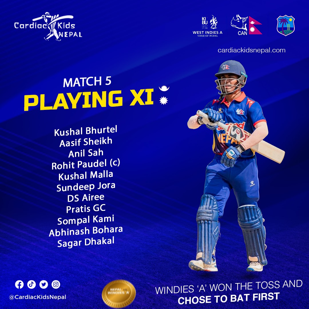 Windies 'A' have 𝐖𝐎𝐍 the toss and chose to 𝐁𝐀𝐓 first. Nepal will be chasing for the fifth straight time in this series. Anil Sah and Sagar Dhakal are playing today.

#NEPvsWIA #NepalCricket #weCAN