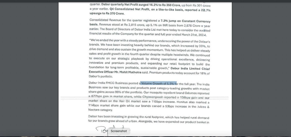 Dabur India Ltd Q4FY24:

>  Revenue growth of 5% YOY and vol growth of 5.5%.

> A good dividend engine. Nothing more.

> Discussing anything further is futile.