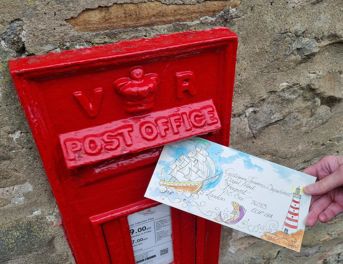 A painted letter to Royal Mail to support the #NoToCodes campaign calling for barcodes to be scrapped. The envelope reflects my home town of Whitehaven but the Victorian postbox is in Fourstones, Northumberland where I'm currently staying #PostboxSaturday