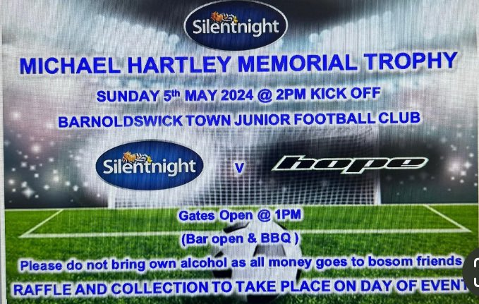 It’s May BH so its our annual charity match in honour of our good friend Mick Hartley❤️🌞BARLICKTOWNJNRS VICTORY GROUND, BB18 5EN

Sat2pmKO
BarlickTownEL v MillHill 

Sun11.15KO
U15’s v Blackburn Utd

Sun2pmKO
Silentnight v HopeTech

All welcome,free entry, tearoom open🔵🟡⚽️