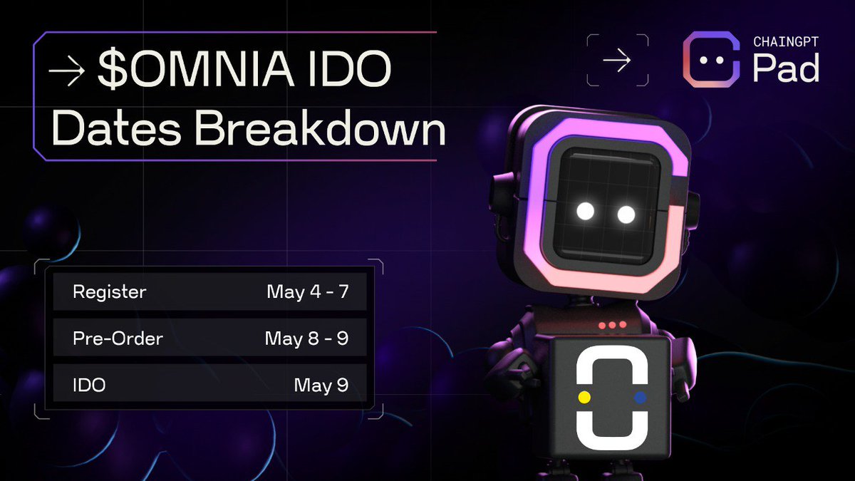 📌 <a href="/omnia_protocol/">OMNIA Protocol - RPCxAI Infrastructure</a> IDO Dates Breakdown:

🔹 Register Interest: 
4 May, 8 AM - 7 May, 12 PM UTC

🔹 Pre-Order: 
8 May, 8 AM - 9 May, 10 AM UTC

🔹 IDO: 
9 May, 10 AM - 10 May, 12 AM UTC

IDO Page: pad.chaingpt.org/buy-token/72