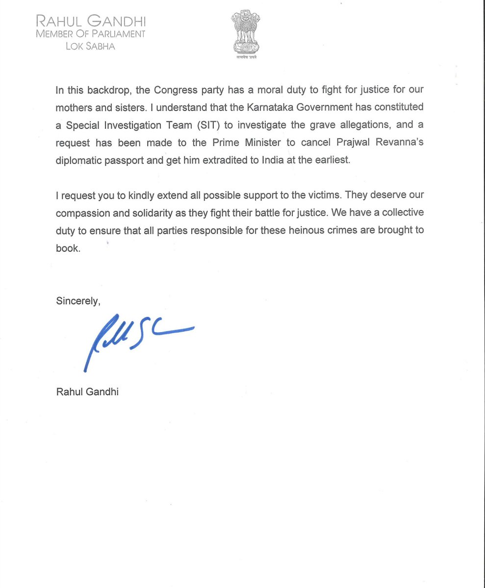 Rahul Gandhi writes to CM Siddaramaiah, requests to extend all possible support to the victims.He says,'We have a collective duty to ensure that all parties responsible for these heinous crimes are brought to book'.@RahulGandhi @siddaramaiah @INCIndia