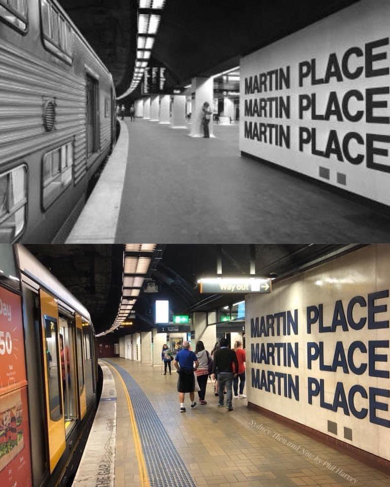 Martin Place Railway Station in 1979 and in 2018. [1979-Max Dupain & Associates Archive>2018-Phil Harvey]