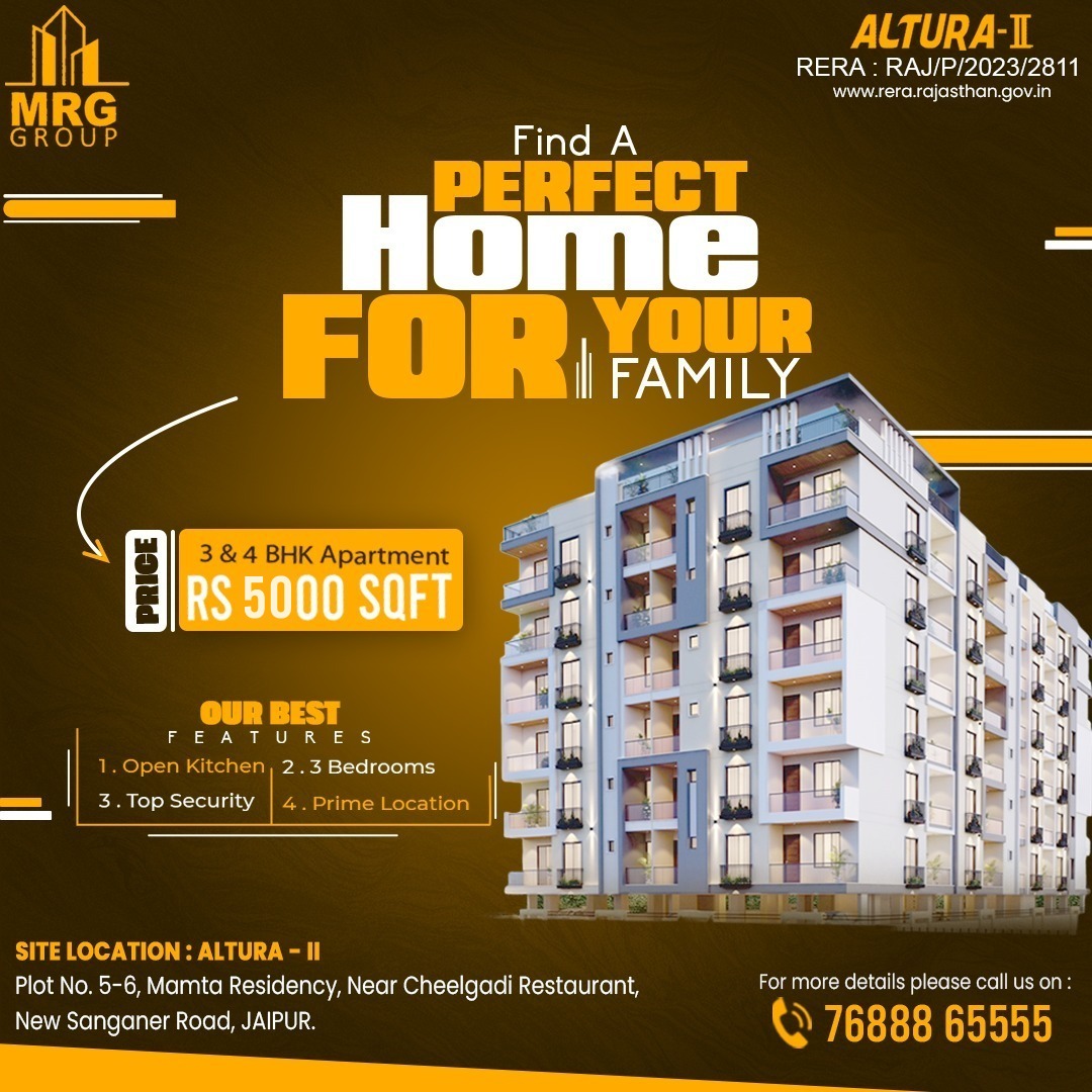 Find a perfect Home for your Family!

3 & 4 BHK Apartment RS 5000 SQFT

#MRG #MRGgroup #alturas #apartments #apartmentsavailable #construction #3BHKSALE #3bhkflats #4BHK #4bhkflats #flatsforsale #FlatsForSaleInJaipur #flatsforsaleinrajkot #flats #flatsconstrctions #dreamhome